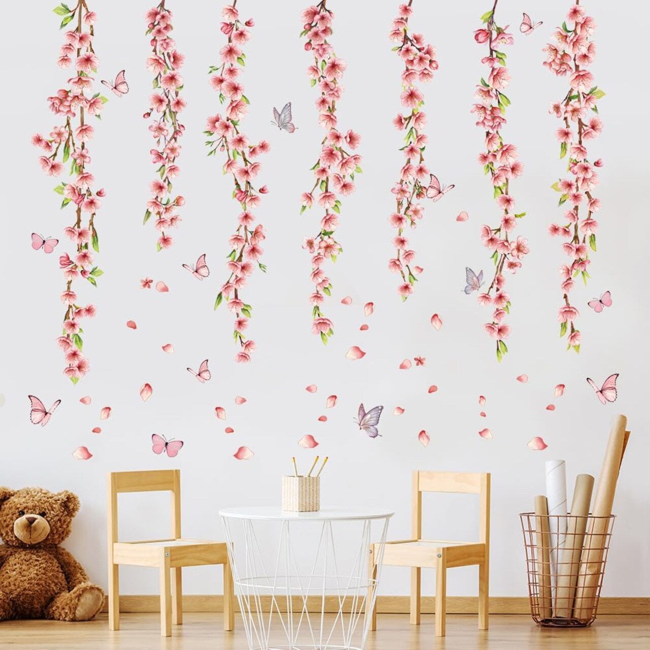 Pink Hanging Flower Vine Wall Decals – Cherry Blossom, Leaves & Butterfly Stickers for Kids’ Bedroom & Nursery, 35.4"x11.2"